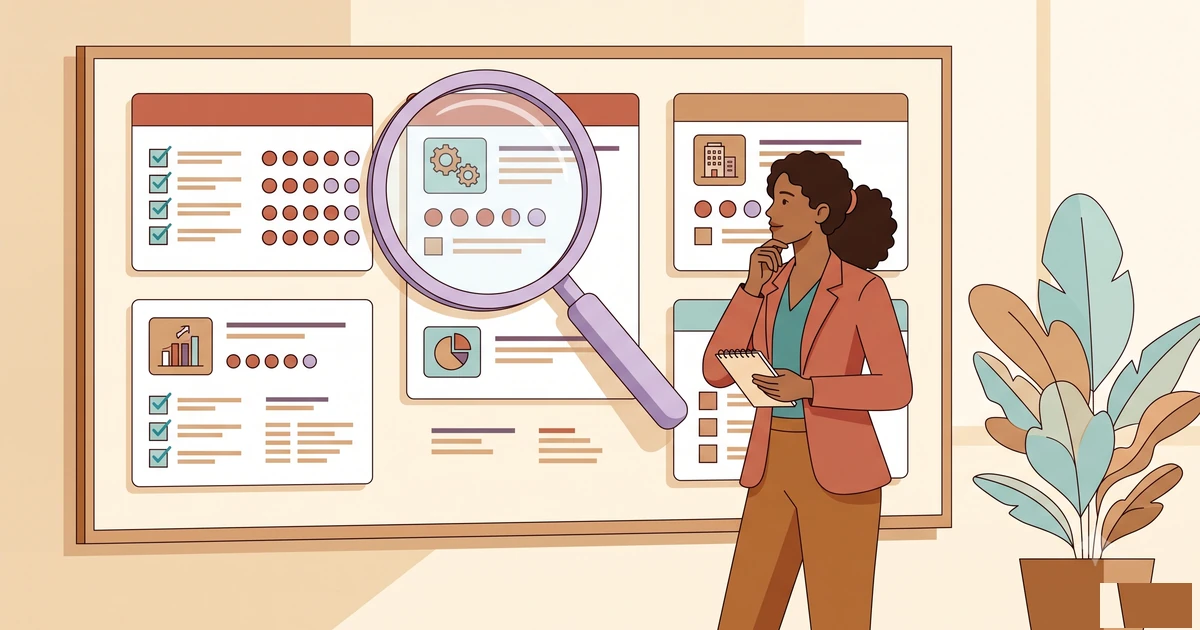Ilustração de uma profissional de compras comparando opções de software de gestão de fornecedores