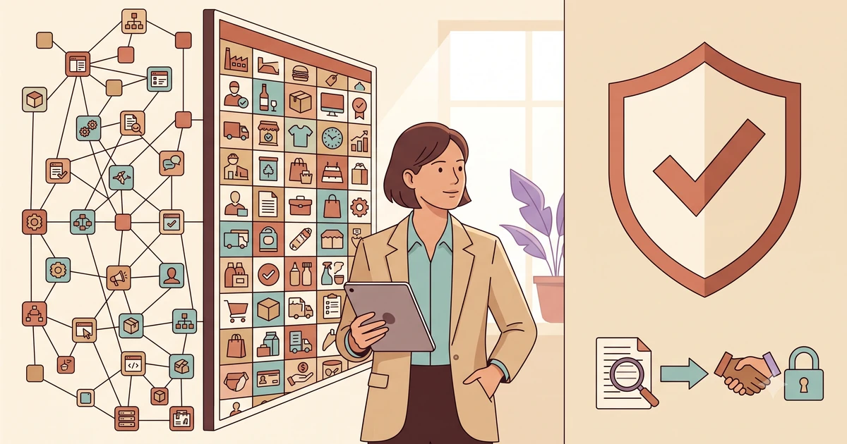Ilustração comparando um ecossistema amplo de compras e um especialista em gestão de fornecedores