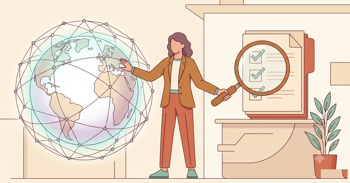 Ilustração conectando dados globais e a revisão de documentos locais de fornecedores