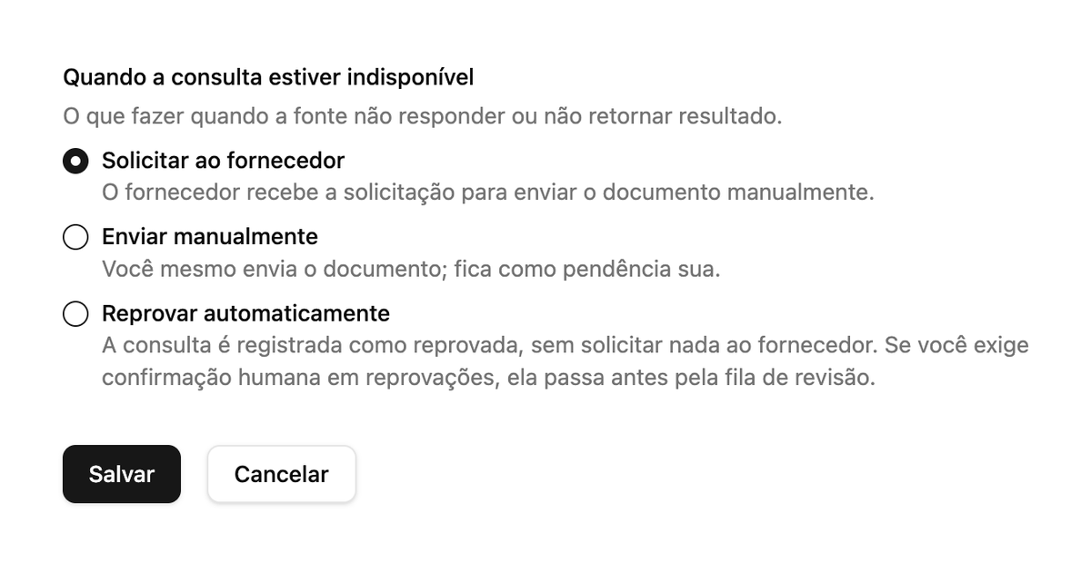 Bloco Quando a consulta estiver indisponível com as opções Solicitar ao fornecedor, Enviar manualmente e Reprovar automaticamente
