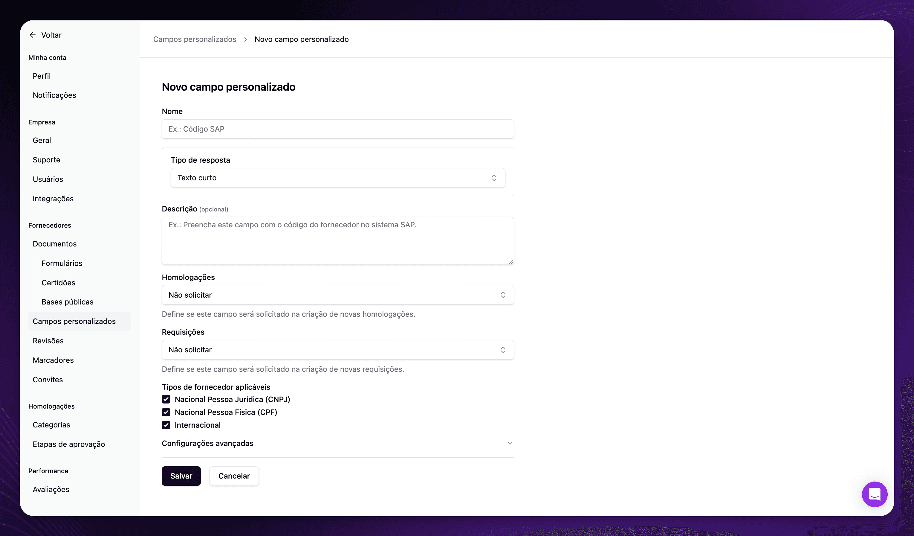 Campos Personalizados: Configuração de Tipos de Fornecedor