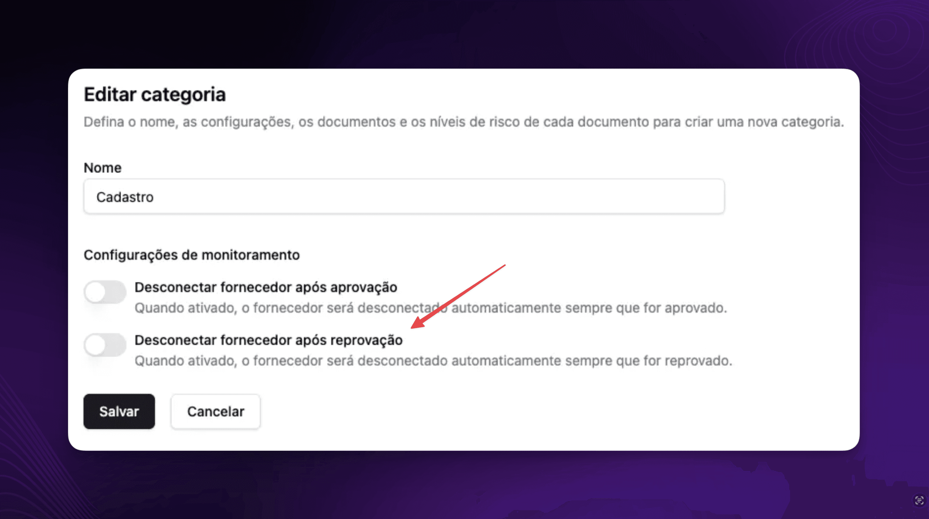 Configuração: Desconectar fornecedores após reprovação