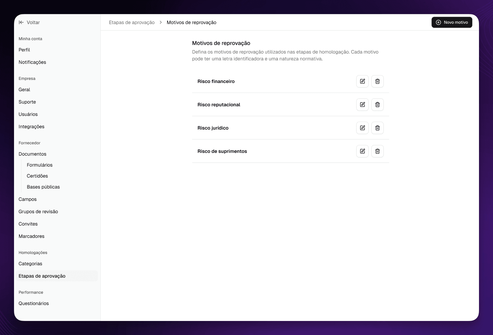 Etapas de Aprovação: Configuração de Motivos de Reprovação