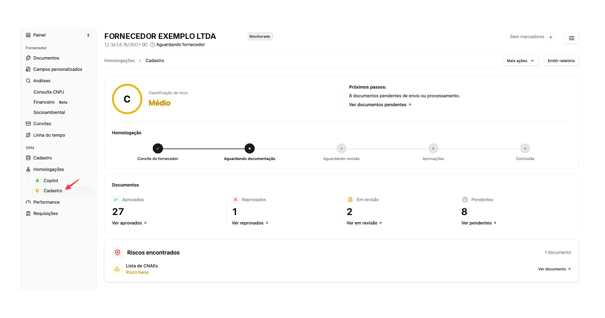Painel da Categoria do fornecedor na Linkana: classificação de risco, linha do tempo da homologação, resumo de documentos por status e riscos encontrados