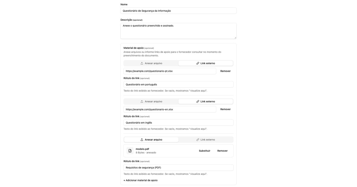 Bloco Material de apoio na configuração do documento, com dois links externos e um arquivo anexado, cada um com seu rótulo