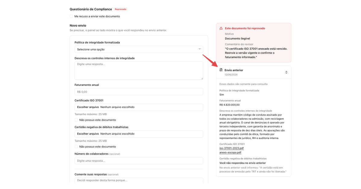 Formulário devolvido com o Novo envio vazio à esquerda e, à direita, o motivo da reprovação e o painel Envio anterior com as respostas e arquivos enviados