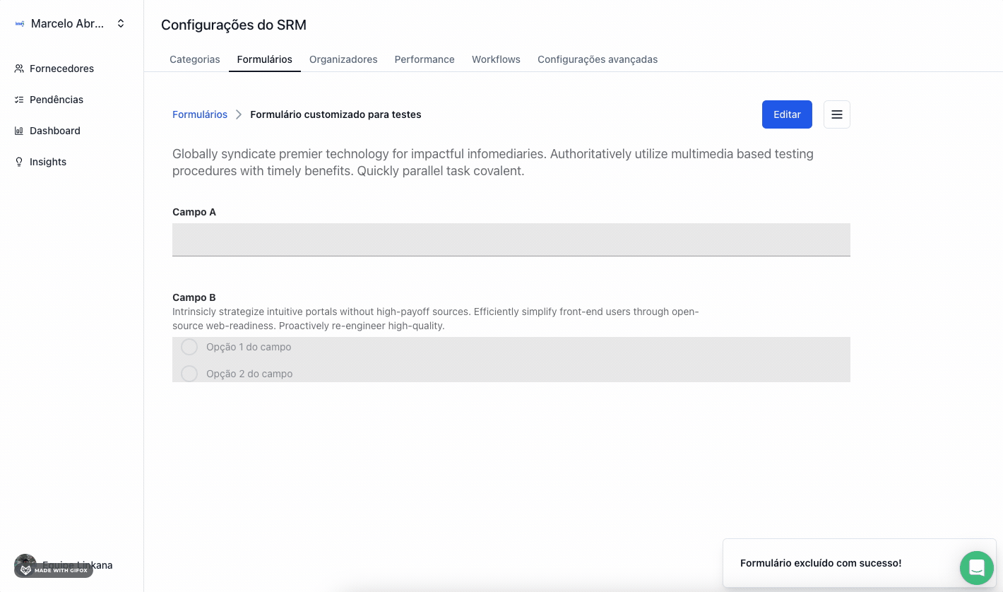 Nova configuração de formulário