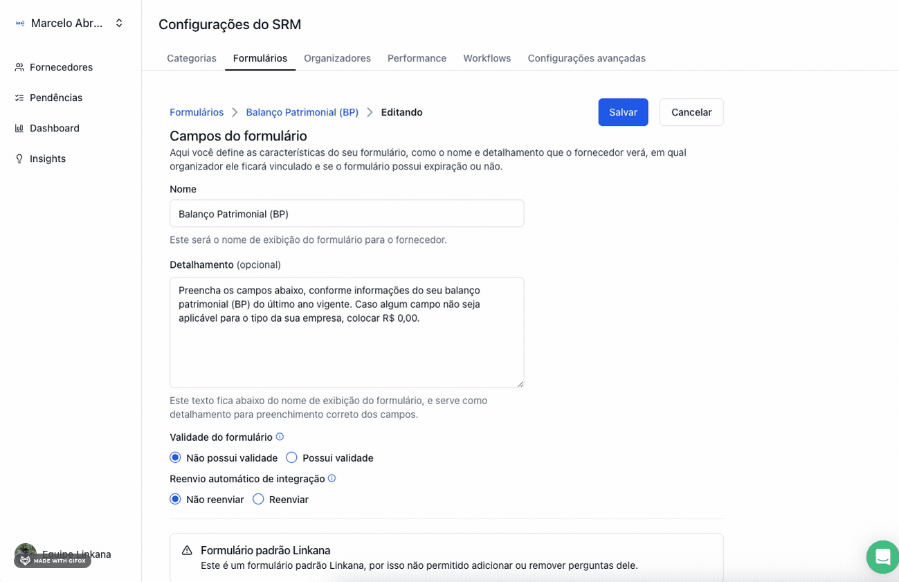 Edição em formulários padrão da Linkana - Exemplo Balanço Patrimonial